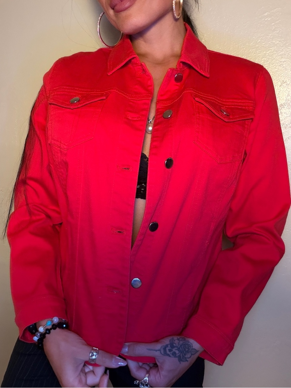 Chico's Vibrant Red Button-Front Jean Jacket Very Stretchy- Perfect Condition